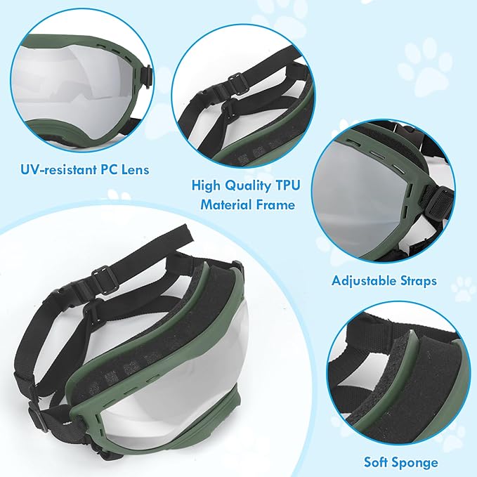 Dog Goggles for Large Dogs, UV Wind Dust Fog Protection, Soft Frame Adjustable Dog Sunglasses, Summer Driving & Winter Snow Eyewear, Tactical Pet Glasses with Elastic Strap (Green)