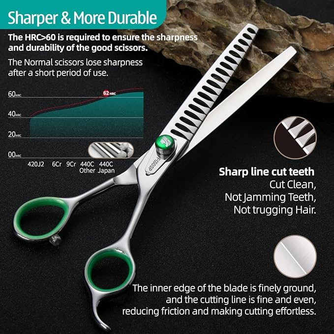 Professional Chunkers Shears for Dogs 7 inch Thinning Shears for Dogs Cats Pet Grooming Scissors Japanese 440C Stainless Steel 70% Thinning Rate 18 Teeth Green Clover