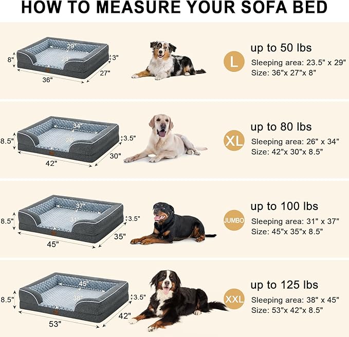Orthopedic XXL Dog Bed for Extra Large Dogs, Waterproof Memory Foam Dog Beds with Sides, Egg-Crate Foam and Non-Slip Bottom Big Dogs Beds with Washable Removable Cover(XX-Large,Dark Grey)
