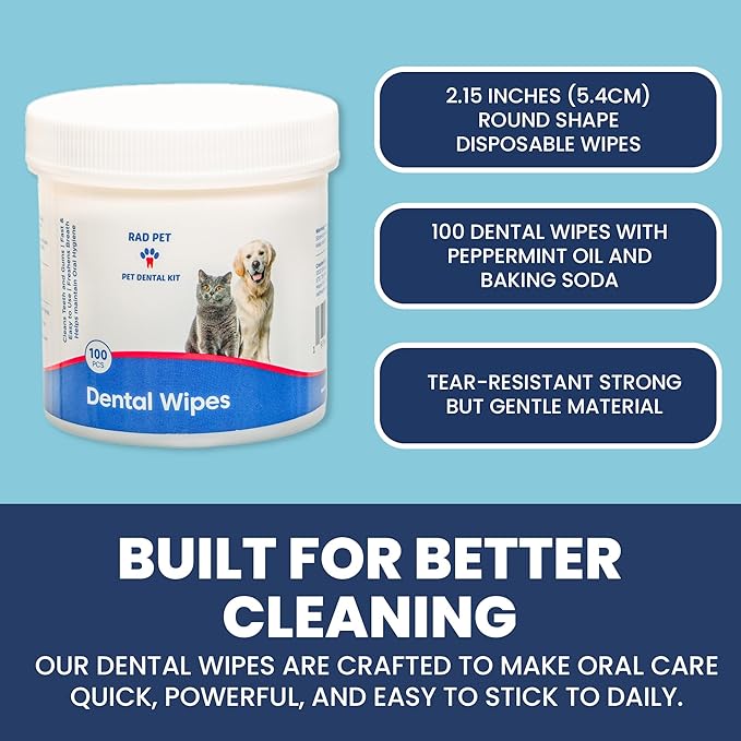 Rad Health Dog Dental Wipes - 100ct Pet Dental Finger Wipes, Easy No-Brush Teeth Cleaning, Removes Plaque & Tartar, Boosts Oral Hygiene, Freshens Breath, Gentle on Mouth, Strong on Build-Up