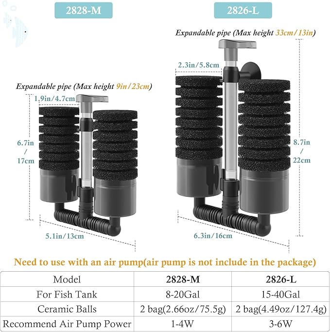 Air Powered Aquarium Sponge Filter with Biochemical Sponge and Ceramic Balls, Quiet Submersible Fish Tank Filter for 15-40Gallon （L-8.7in）