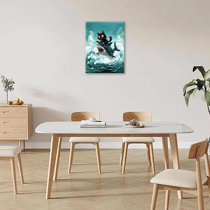 Funny Black Cat Bathroom Wall Art Cute Cat Riding Shark Canvas Wall Decor Animal Kitten Pictures Painting Print Artwork Framed Decorations Gifts for Cat Lover Kids Room Bedroom 12"x16"