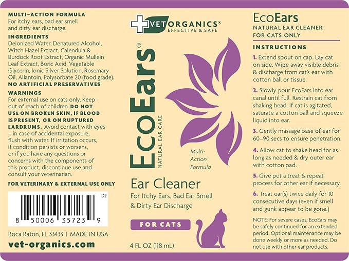 Vet Organics EcoEars Cat Ear Cleaner. Natural Multi-Action Formula. for Itch, Head Shaking, Discharge & Smell. Naturally Cleanses Away Common Problems. 100% Guaranteed (4 oz)