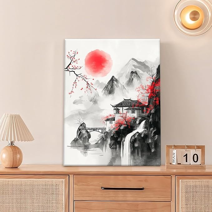 Japanese Wall Art Canvas Asian Nature Wall Decor Prints Framed Painting Mountain Landscape Pictures Gifts Artwork for Bathroom 12"x16"