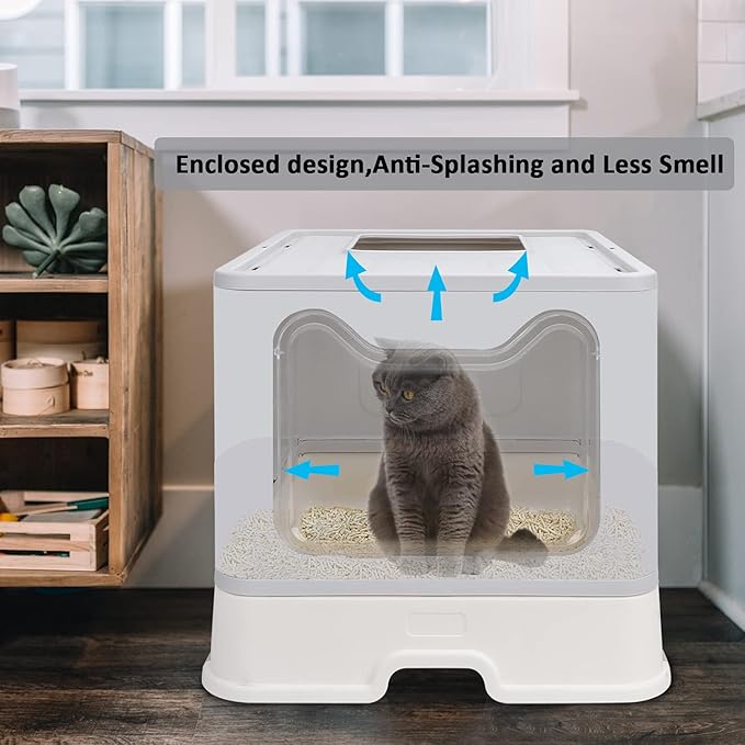 Foldable Cat Litter Box with Lid, Enclosed Potty, Large Top Entry Anti-Splashing Toilet, Easy to Clean Including Litter Scoop and 2-in-1 Cleaning Brush (Grey)