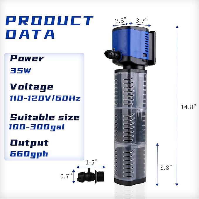 Aquarium Filter for 100-300 Gallons Tank, Powerful 660GPH Internal Fish Tank Filter, Pump Submersible Filter with Sponge for Large Fish Tanks, Turtle Tanks