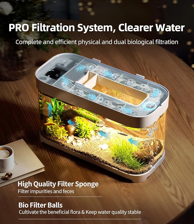 Smart Fish Tank Aquarium 3 Gallon with Heater, Temperature Monitor, 3 Stage Filtration, 8 Color Lighting, Aquarium Siphon, Small Betta Tank Kit, Acrylic