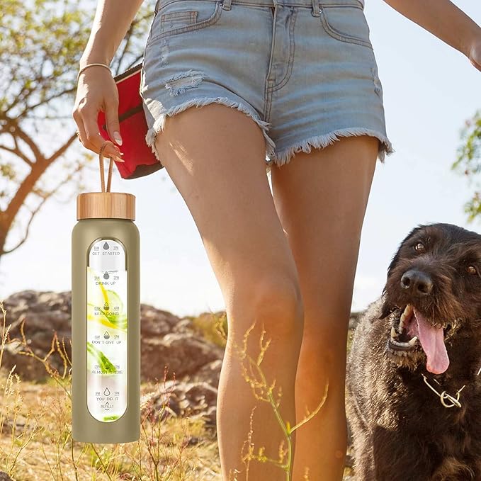 Aqulea Glass Water Bottles with Silicone Sleeve - BPA Free Reusable Wide Mouth Glass Motivational Water Bottles with Fruit Infuser – Leak Proof Borosilicate Water Bottle with Time Marker