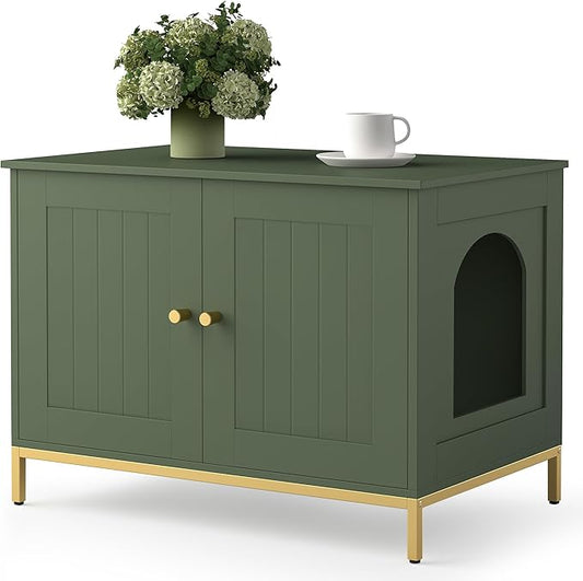 Homhedy Cat Litter Box Enclosure, Cat Washroom Furniture with Metal Frame, Pet House, Fit Most of Litter Box, Modern Style, Green and Gold