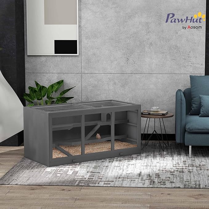 PawHut 45" Extra Large Wooden Hamster Cage, 3-Layer Chewproof Rat Cage with Opening Roof, Hut, Ramps, for Gerbil, Dwarf & Syrian Hamsters, Gray