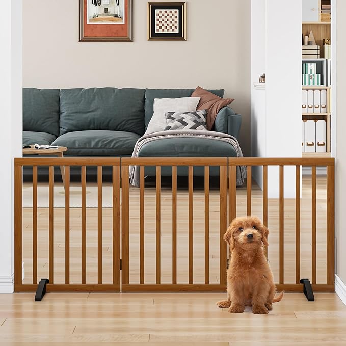Freestanding Pet Gate Foldable Dog Gate (55 inches Wide) Walnut Bamboo Dog Gates for Stairs Doorways House (2 Support Feet Included)