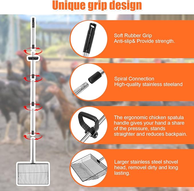 15 inch Large Chicken Poop Scooper with Ergonomic Grip, 6 in 1 Detachable Chicken Scooper for Poop Shovel (20 to 79"), Stainless Steel Sifting Shovel for Chicken Coop/Goat Stall/Stable Cleaning Tool