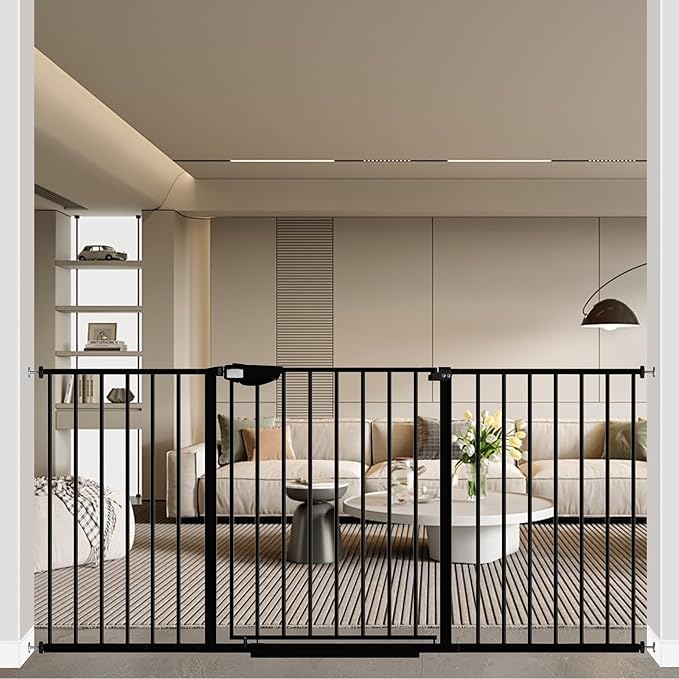 WAOWAO Triple Lock 49.21-66.54" Baby Gate Extra Wide Pressure Mounted Walk Through Swing Auto Close Safety Black Metal Dog Pet Puppy for Stairs,Doorways,Kitchen