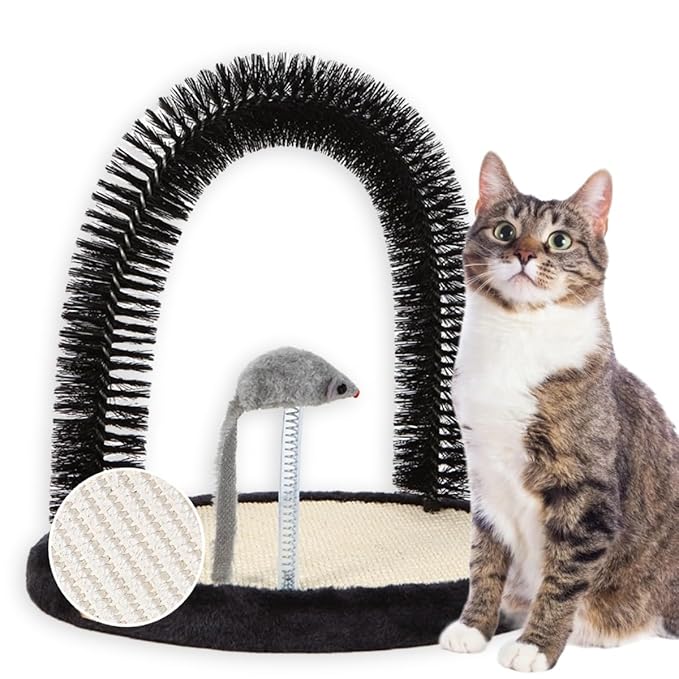 Happi N Pets Cat Self Groomer, Arch Grooming Brush wtih Heavy Duty Woven Sisal Pad, Rubbing Post & Catnip Toy, Cat Face Scratchers Body Massager, Cat Scratchers for Indoor Cats, Black