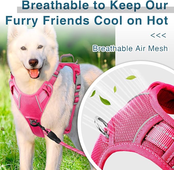 BARKBAY Dog Harness No Pull with ID Tag Pocket - Heavy Duty, Reflective, Easy Control for Large Dogs(Pink,M)
