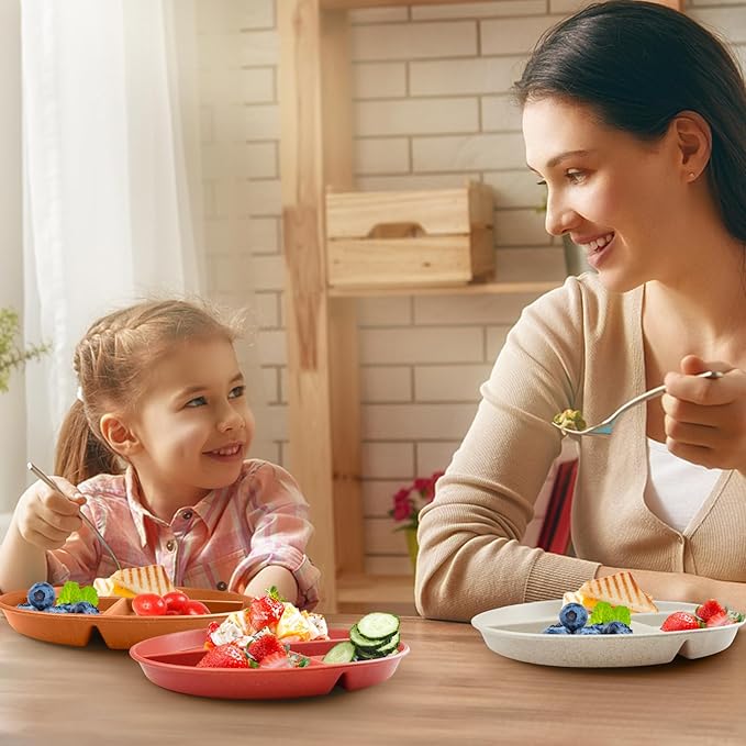 greenandlife 9 Inch 4PCS Unbreakable Portion Control Plates, Divided Plates for Kids Adults, Dishwasher & Microwave Safe Compartment Plate, Lightweight Reusable Wheat Straw Plate, BPA Free