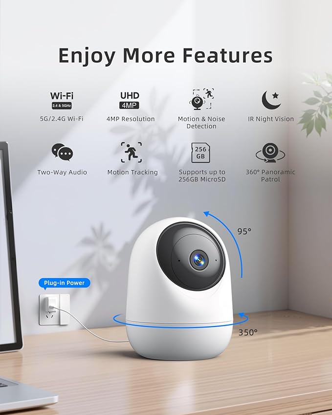 Indoor Camera 5G WiFi Pan & Tilt 2.5K 4MP Compatible up to 256GB SD Card (Not Included) - Security Camera Indoor, Plug-in Puppy/Pet Camera with Speaker/Phone App for Room, Motion Tracking