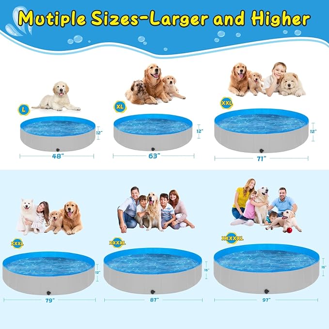 Foldable Dog Pool, 63" Kiddie Pool Hard Plastic, Portable Dog Swimming Pool for Large Dogs, Collapsible Pet Wading Pool & Bath Tub Outdoor Kids Pool Anti-Slip