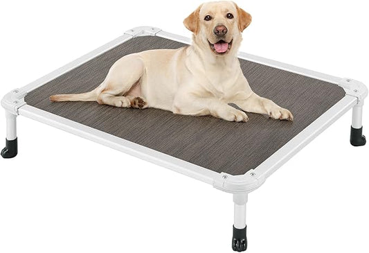 Veehoo Chew Proof Elevated Dog Bed - Cooling Raised Pet Cot - Silver Aluminum Frame and Durable Textilene Mesh Fabric, Unique Designed No-Slip Feet for Indoor or Outdoor Use, Brown, Medium, CWC2003