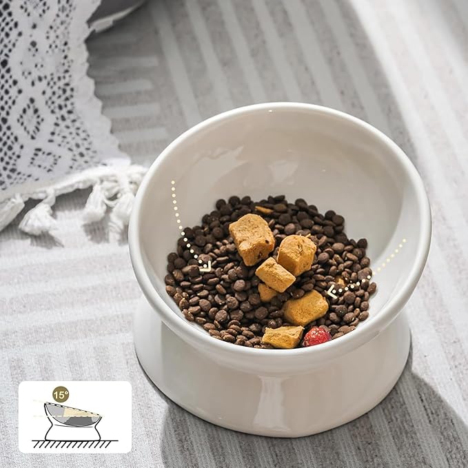 YINGFAN Elevated Cat Bowls, 5oz Ceramic Raised Cat Bowl for Cats/Kittens with Tilted Design, Porcelain Cats Feeding Dishes for Food/Water, Anti Vomit, Microwave & Dishwasher Safe (Light White)