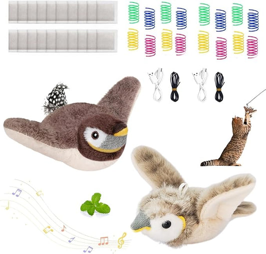 2 PCS Cat Toys, Flapping Bird Cat Toy(No Flying), Interactive Catnip Toy with Catnip Bags, Chirping Noise Moving Wings Dog Cat Kitten Toys, Flappy Flying Pets Toy for Indoor(Brown&Gray Sparrow)