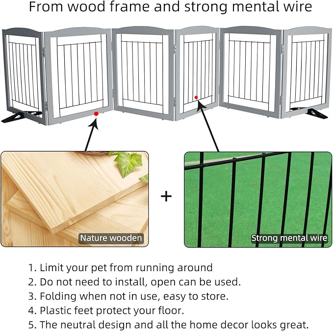 ZJSF Freestanding Dog Fence Indoor, Foldable Dog Gate for Doorways, Stairs or Hallways, Sturdy Wood Extra Wide Pet Gate with Support Feet for The House, Grey, 32 "Height-6 Panels