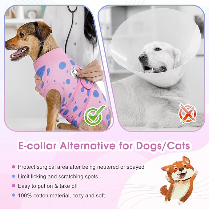 Kuoser Dog Surgery Recovery Suit, Anti Licking Pet Surgical Suit for Dogs Male Neuter, Female Dog Surgery Suit for Spay Subsititute E-Collar Cone, Dogs Body Suits After Surgery Pink Polka Dot 2XL