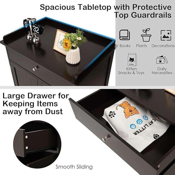 PETSITE Cat Litter Box Enclosure, Large Cat Washroom End Table with Drawer & 2 Doors, Wooden Cat House Storage Cabinet, Hidden Litter Box Furniture, Brown