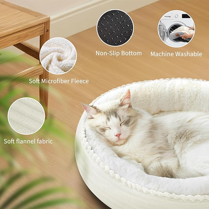 20in Cream Round Cat Dog Bed Gift for Large Medium Small Dogs Cats, Machine Washable Sleeping Sofa, Non-Slip Bottom Breathable Soft Calming Pet Cuddler for Indoor/Outdoor/Car/Cage