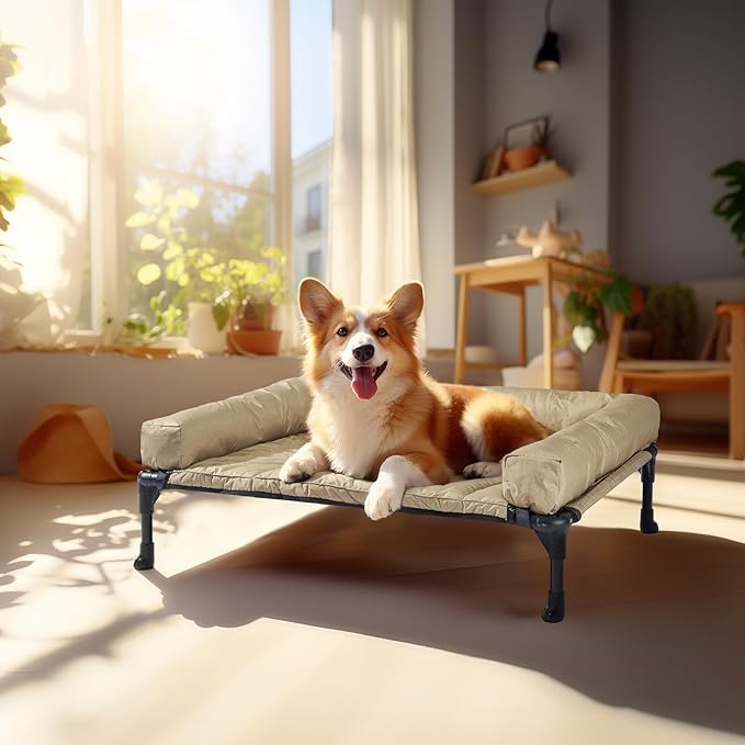 Veehoo Cooling Elevated Dog Bed Add Removable Waterproof Bolster Cushion Mat, Raised Pet Cot with Breathable Teslin Mesh, No-Slip Feet, Dog Couch Bed for Indoor Outdoor, 32x25inches, Beige, CWC2331B