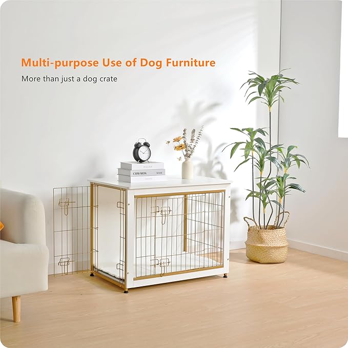 DWANTON Dog Crate Furniture with Cushion, Wooden Kennel Table with Double Doors, Indoor Dog House, Medium Size, 32.5" L, White
