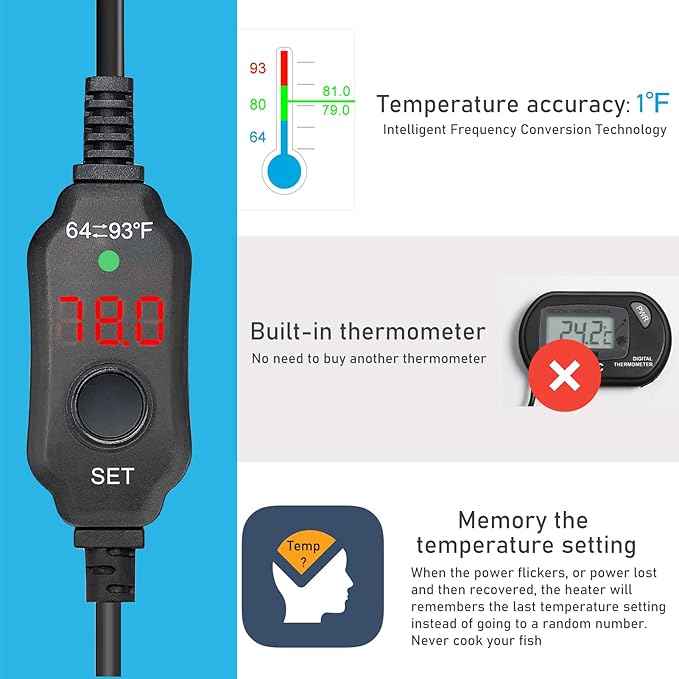 YukiHalu Small Submersible Aquarium Heater, Adjustable Mini Fish Tank Heater 25W 50W 100W 200W 300W with External Temperature Controller, LED Display, Used for 5/10/20/40/60 Gallons (300 Watt)