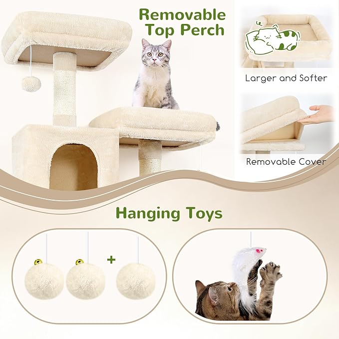 Globlazer Cat Tree Tower, 76-Inch Extra Tall Multi-Level Cat Furniture with Cozy Condos, Hammock and Perches for Adult Cats, Perfect for Climbing, Scratching, and Play, F76, Beige