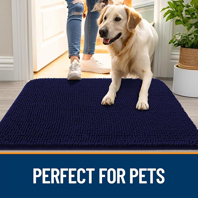 OLANLY Dog Door Mat for Muddy Paws 30x20, Absorbs Moisture and Dirt, Absorbent Non-Slip Washable Doormat, Quick Dry Chenille Mud Mat for Dogs, Entry Indoor Entryway Carpet for Inside Floor, Navy Blue