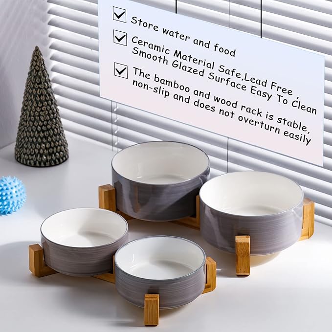 Petygooing Ceramic Cat Dog Bowl Set with Wood Stand, 13.5OZ/5.1 in, Grey White