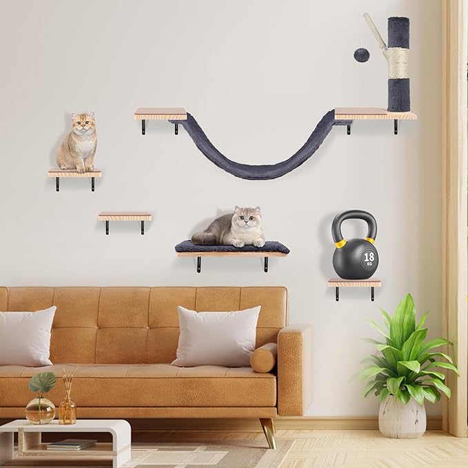 Wall Mounted Cat Climber Set, Cat Wall Shelves,Cat Wall Furniture Set,with Hammock,Jumping Boards,Sofa,Steps,Scratching Post,Hanging Ball and Felt Pads, Suit for Cats Climb, Jump,Scratch-Dark