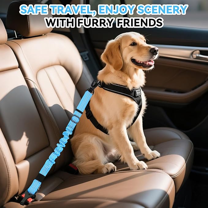 Pawaboo Dog Seatbelt for Car, 3-in-1 Dog Seat Belt Bungee, Shockproof Dogs Tether for Car with Buckle & Hook Latch, Adjustable Reflective Dogs Cars Harness Leash with 360° Lockable Buckle, Blue