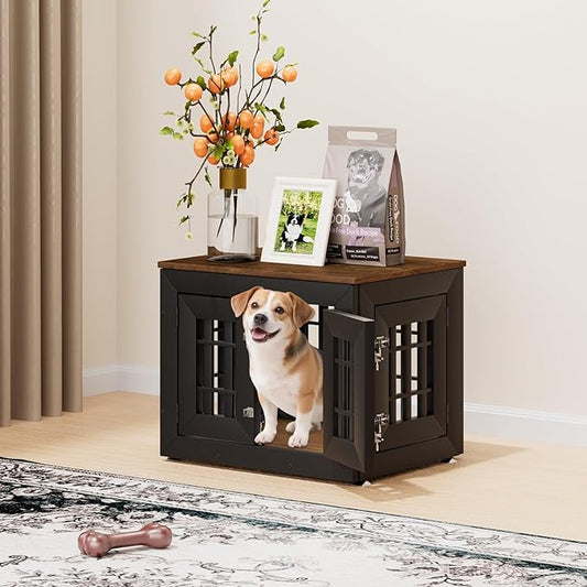 26" Heavy Duty Dog Crate Furniture for Small,Medium and Large Dogs,Rustic Wooden Dog Cage Kennel Indoor Furniture with Waterproof Top,Decorative Pet House Side End Table (Black & Wood)