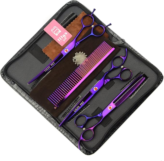 LILYS PET Professional PET Grooming Scissors Kit,Coated Titanium,Sharp and Strong Stainless Steel Blade for Dogs Cats Hair Cutting,3 Pieces of Scissors with a Comb and a Case (7.5 inches, Purple)