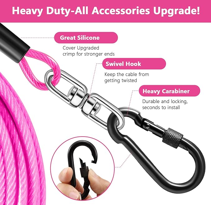 Dog Tie Out Cable 50FT-500Lbs,Heavy Duty Dog Leads Line for Yard with Swivel Hook,Medium Large Dogs Leash&Chains for Outside,Rust Chew Proof Dogs Run Cable for Outdoor Camping (Pink, 50FT)