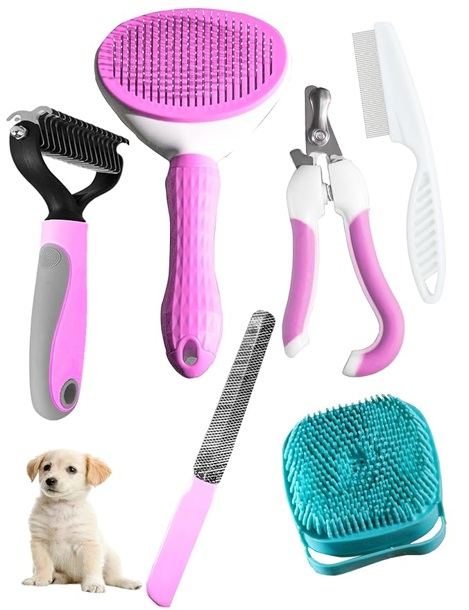 6ps Dog Cat Brush Grooming Kitf, Dog Cat Brushes, Bath Brush, Dematting Rake and Comb, Nail Clipper, Nail File, Flea Comb (Pink 6 Kits)