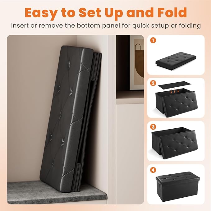 Sweetcrispy 30 Inches Folding Ottoman with Storage Bench, Foot Rest Stool, End of Bed Storage Bench Upholstered, Load 660 lbs, for Living Room, Lychee Grain Leather, Black