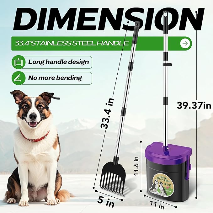 UPSKY Dog Pooper Scooper Swivel Bin & Rake Kit with 100 Waste Bags,33.4" Stainless Steel Long Handle Heavy Duty Pet Poop Shovel for Large Medium Small Dogs, Odor-Proof Lid for Yard/Lawn/Outdoor Use