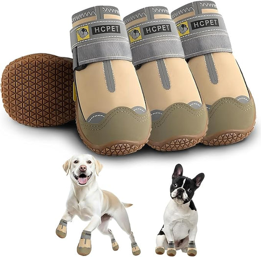 Hcpet Dog Shoes for Large Dogs, Waterproof Dog Booties for Small Medium Dogs, Anti-Slip Dog Boots & Paw Protectors for Hot Pavement Winter Snow Hiking with Reflective Straps Khaki Size 8