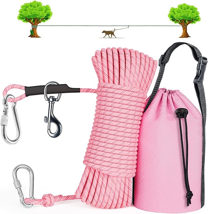 Tresbro Camping Leash, 50ft-100ft Dog Trolley System for Dogs up to 300lbs, Portable Dog Runner Lead for Yard and Park, Outside, Reflective Tie Out Cable for Camping and Courtyard