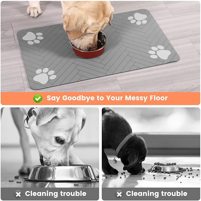 Pet Feeding Mat-Absorbent Pet Placemat for Food and Water Bowl, with Waterproof Rubber Backing, Quick Dry Water Dispenser Mat for Dog and Cat (12"x20", Striped Light Gray)