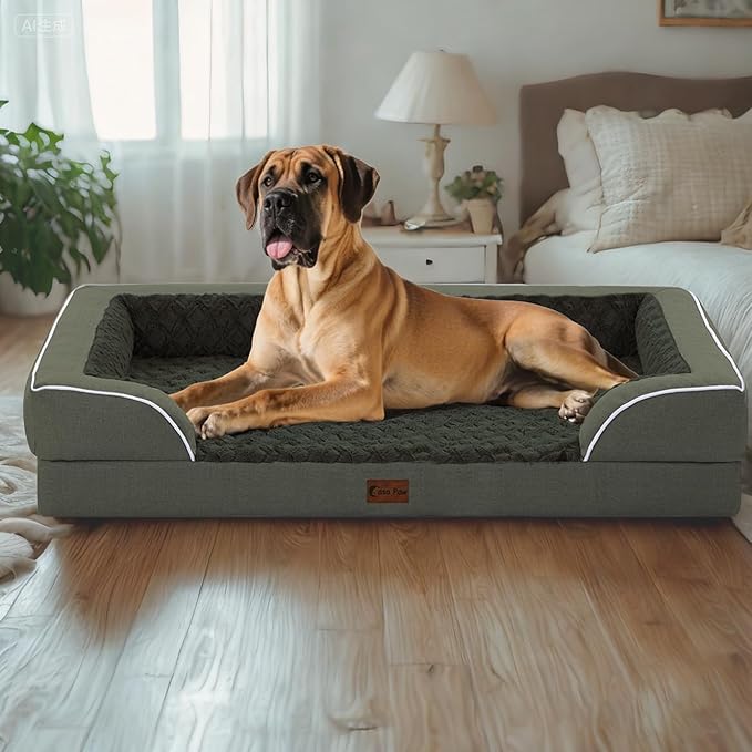 Orthopedic Dog Beds for Large Dogs, Waterproof Memory Foam Dogs Bed with Sides, Non-Slip Bottom and Egg-Crate Foam Big Dog Sofa with Removable Washable Cover(Large,Dark Green)