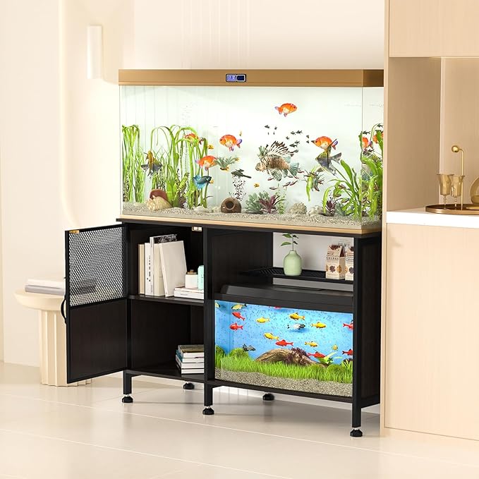 Fish Tank Stand, Modern Aquarium Stand with Built-in Cabinet and Shelves - Sleek Black Iron and Wood Grain Design for Stylish Home Décor（ 51.97" x W 19.69" x H 31.5"） Black