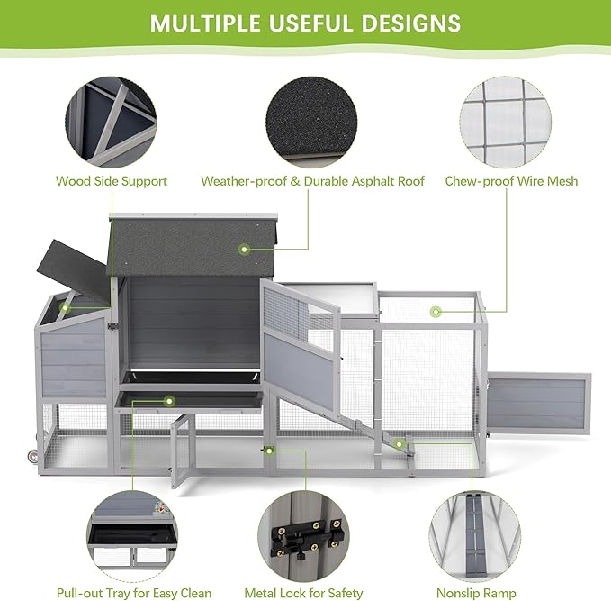 COZIWOW 82" Large Wooden Chicken Coop, Outdoor Rabbit Hutch, Guinea Pig Pet House with Wheels, Sunshine Board, Asphalt Roof, Ramp, Openable Top, Door, Window, Pull-Out Tray, Indoor Bunny Cage (Gray)