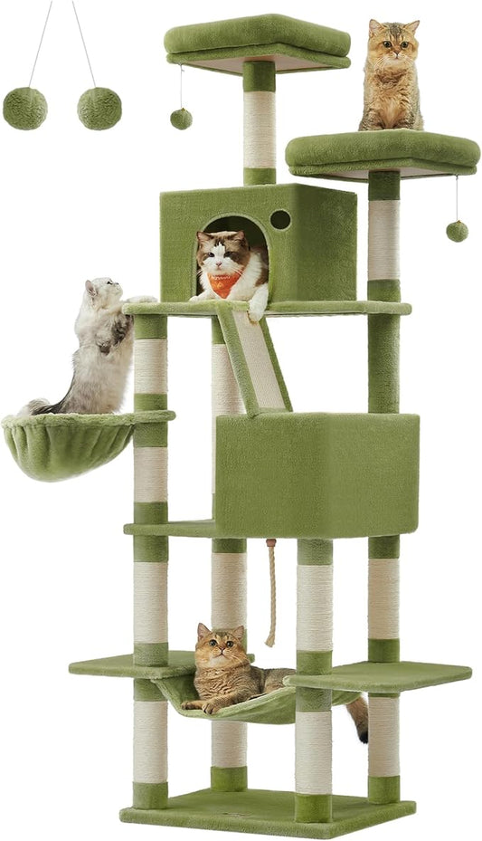 Feandrea Cat Tree, 81.1-Inch Large Cat Tower with 13 Scratching Posts, 2 Perches, 2 Caves, Basket, Hammock, Pompoms, Multi-Level Plush Cat Condo for Indoor Cats, Green UPCT190C01